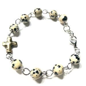 Handmade Black & Beige Dalmatian Jasper Cross Bracelet Women Gift